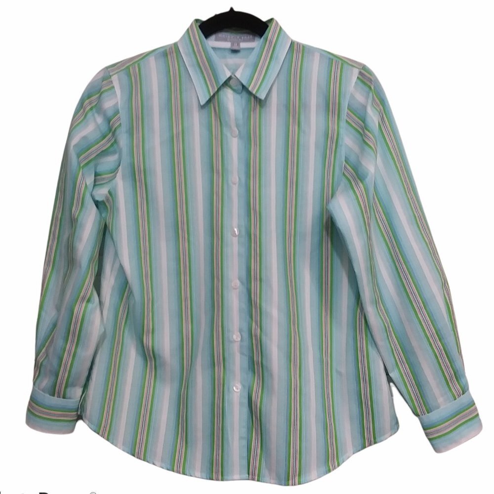 Foxcroft‎ Wrinkle Free Shaped Fit Striped Button Down Shirt Aqua Green 4P